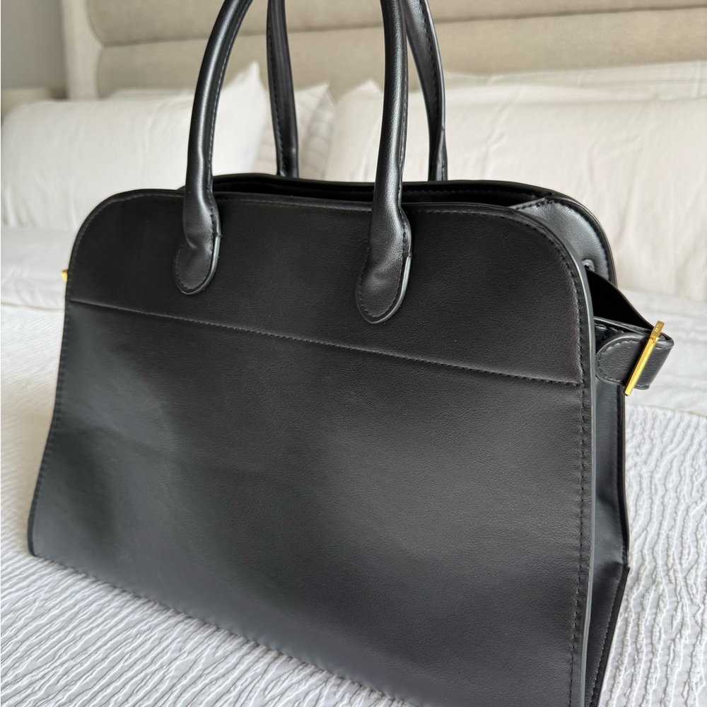 The Row Margaux Inspired Black Leather Drawstring Pouch with Gold Accents - Picture 9 of 14